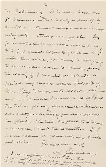 MY IRREVERENCE & DISRESPECT ARE PRETTY EXCLUSIVELY FOR [MARY BAKER EDDY] MARK TWAIN. Autograph Letter Signe...
